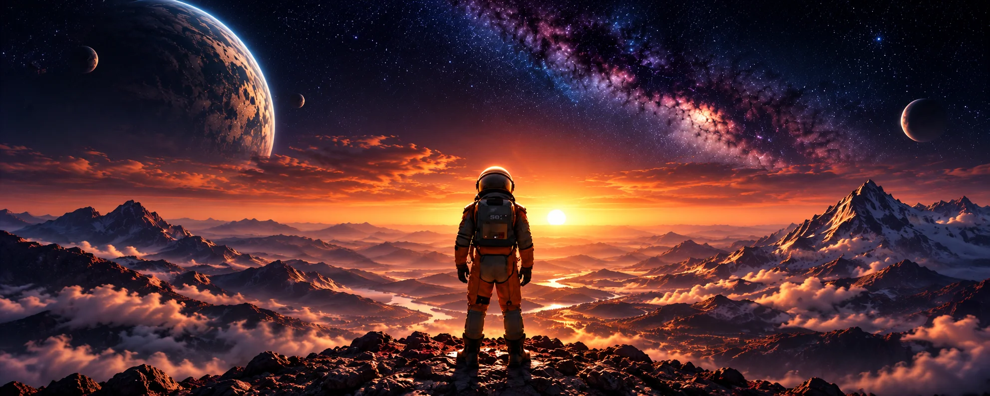 NOVA 5.0 hero — astronaut standing on an alien world under a cosmic sky